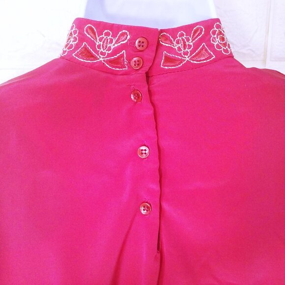 Vintage 80s Gailord High-Neck Pleated Blouse Top (8) Embroidered Metallic Cuffs - Picture 10 of 10